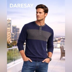 NWT,DARESAY Gray and Blue Henley Stretch Knit Shirt, Back to School,SizeL/XL